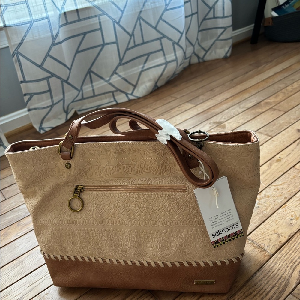 Sakroots Beige and Brown Embossed Tote with Elephant Charm - Picture 2 of 4